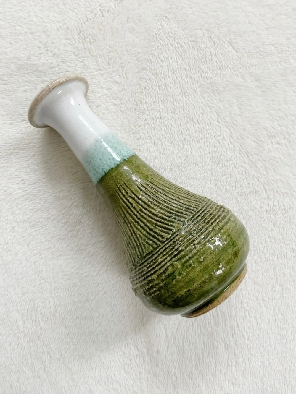 Signed Studio Pottery Bud Vase Green Drip Glaze Textured Art Pottery 4.5”
